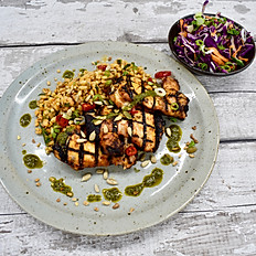 Harissa Chicken Thighs, Seasonal Slaw, Mixed Grains & Chimichurri
