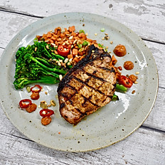Jerk Pork Loin, Char Siu Tenderstem Broccoli, Sweet Potato Hash & Roasted Chilli and Pepper Sauce