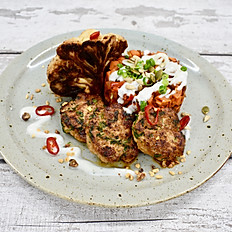 Turkey Koftas, Roasted Spiced Cauliflower, Sweet Potato Hash & Yoghurt, Lemon and Dill Dressing
