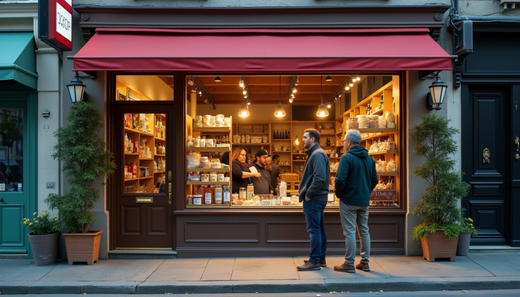 Eye-level view of a small shop storefront with a welcoming sign and local customers