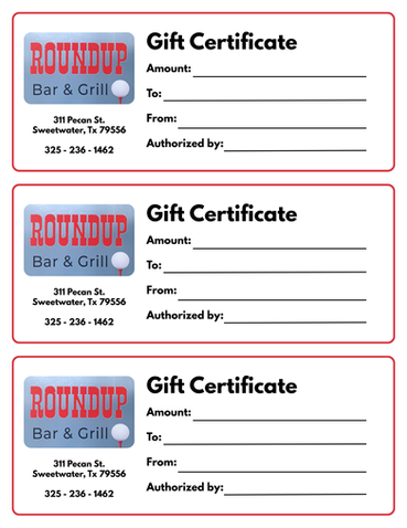 gift certificates for roundup bar and grill