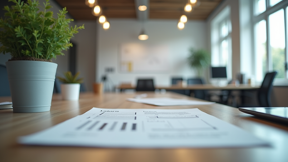 Eye-level view of a modern office workspace with marketing materials