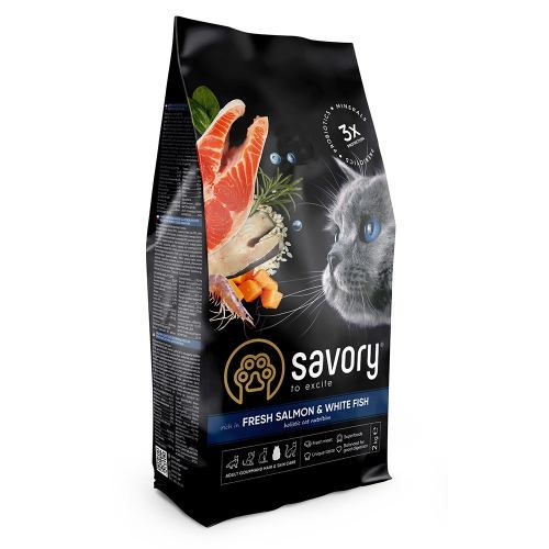 Savory для длинношерстных кошек со свежим лососем и белой рыбой