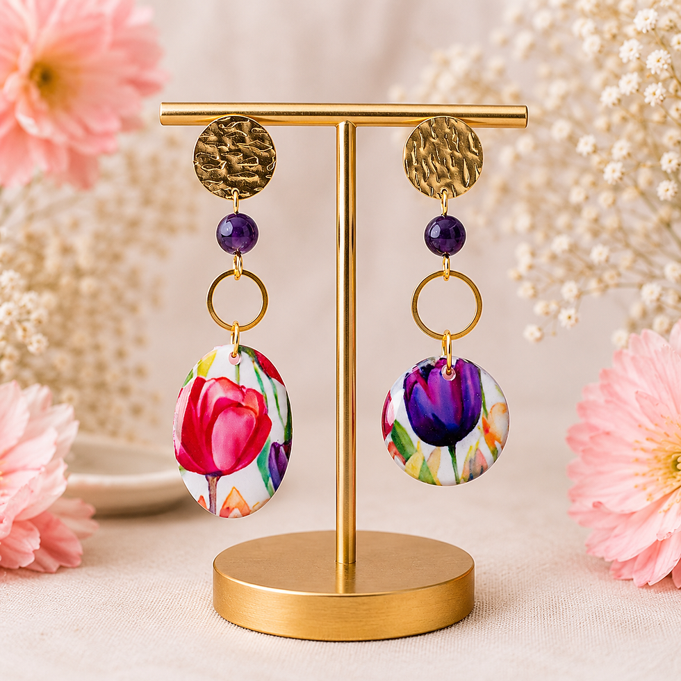Miniature : Boucles d’oreilles améthyste naturelle et résine florale Puces d’oreilles doré