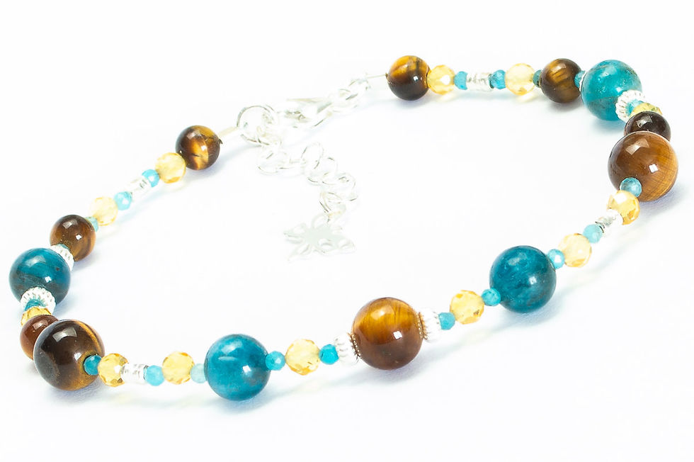 Miniature : Bracelet artisanal  en Apatite, Citrine et Oeil de tigre, Argent 925