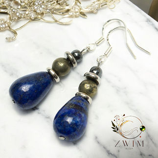 Boucles d'oreilles lapis lazuli goutte, pyrite, hématite, crochets argent 925