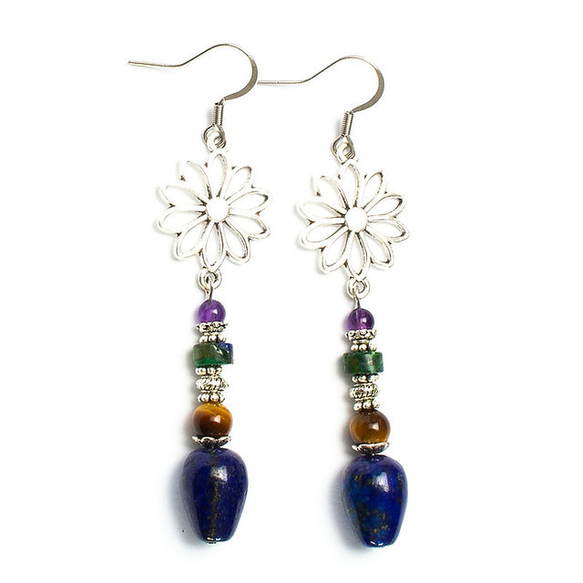 Bijoux Boucles d'oreilles lapis lazuli, oeil de tigre, chrysocolle et améthyste
