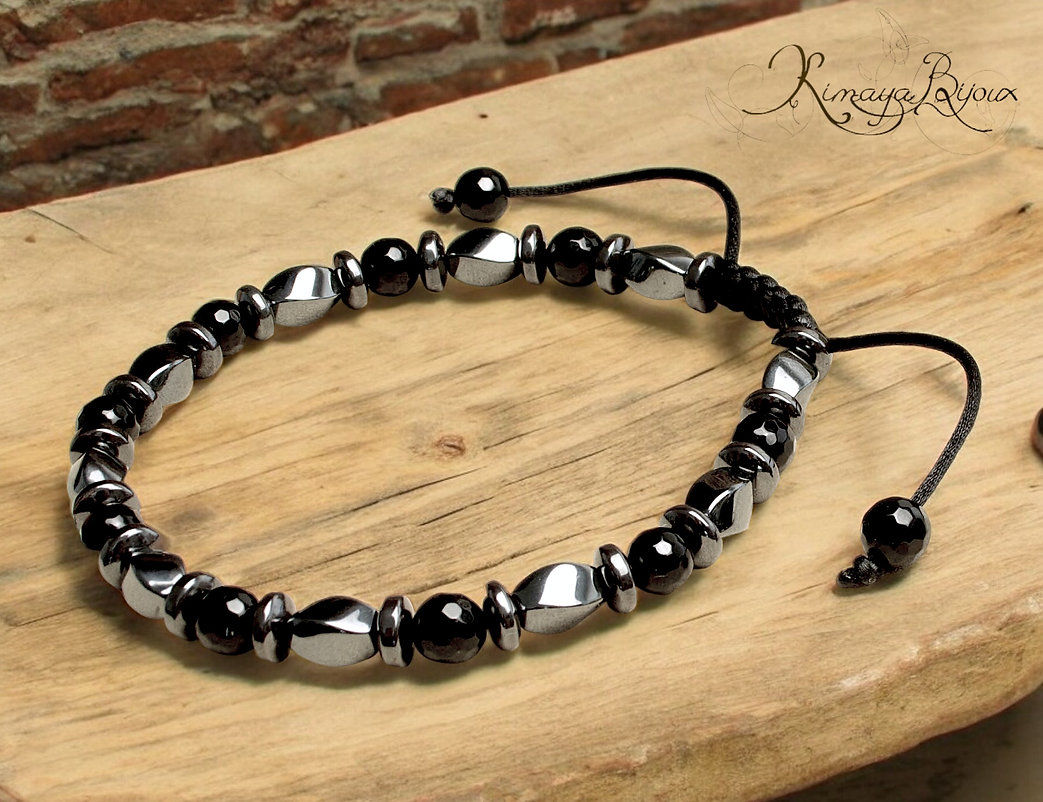 Bracelet homme artisanal en Hématite et agate noire