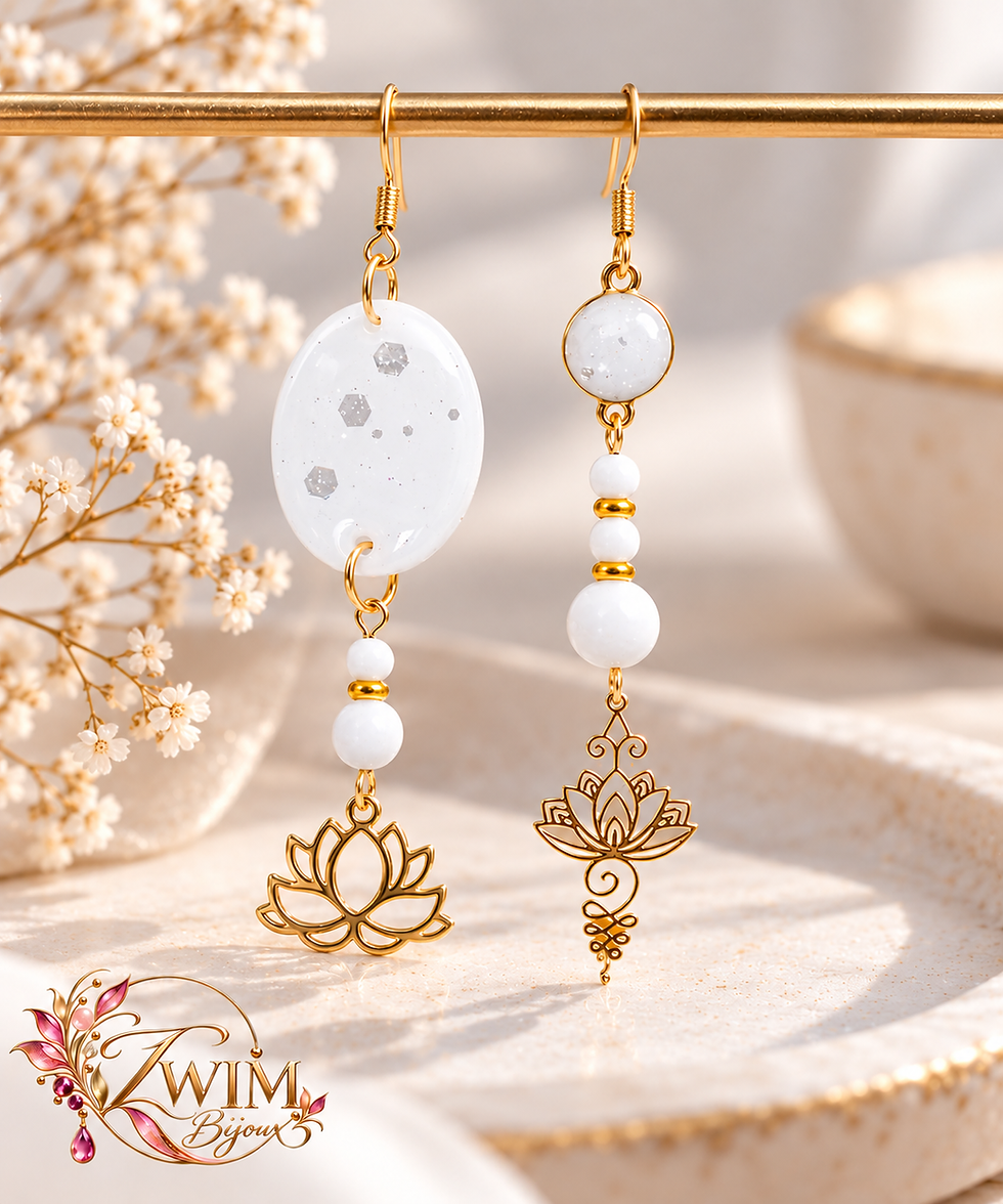 Boucles d’oreilles artisanales asymétriques jade blanc et fleur de lotus