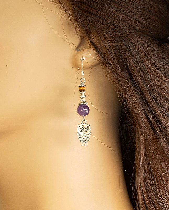 Miniature : Boucles d'oreilles  Améthyste et oeil de tigre Chouette Crochets argent 925