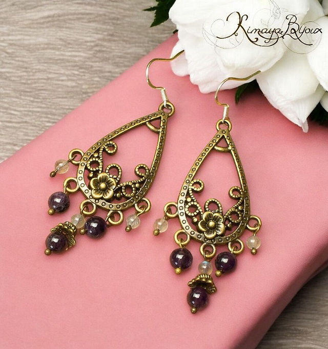 Boucles d'oreilles artisanales Labradorite et améthyste Crochets argent 925