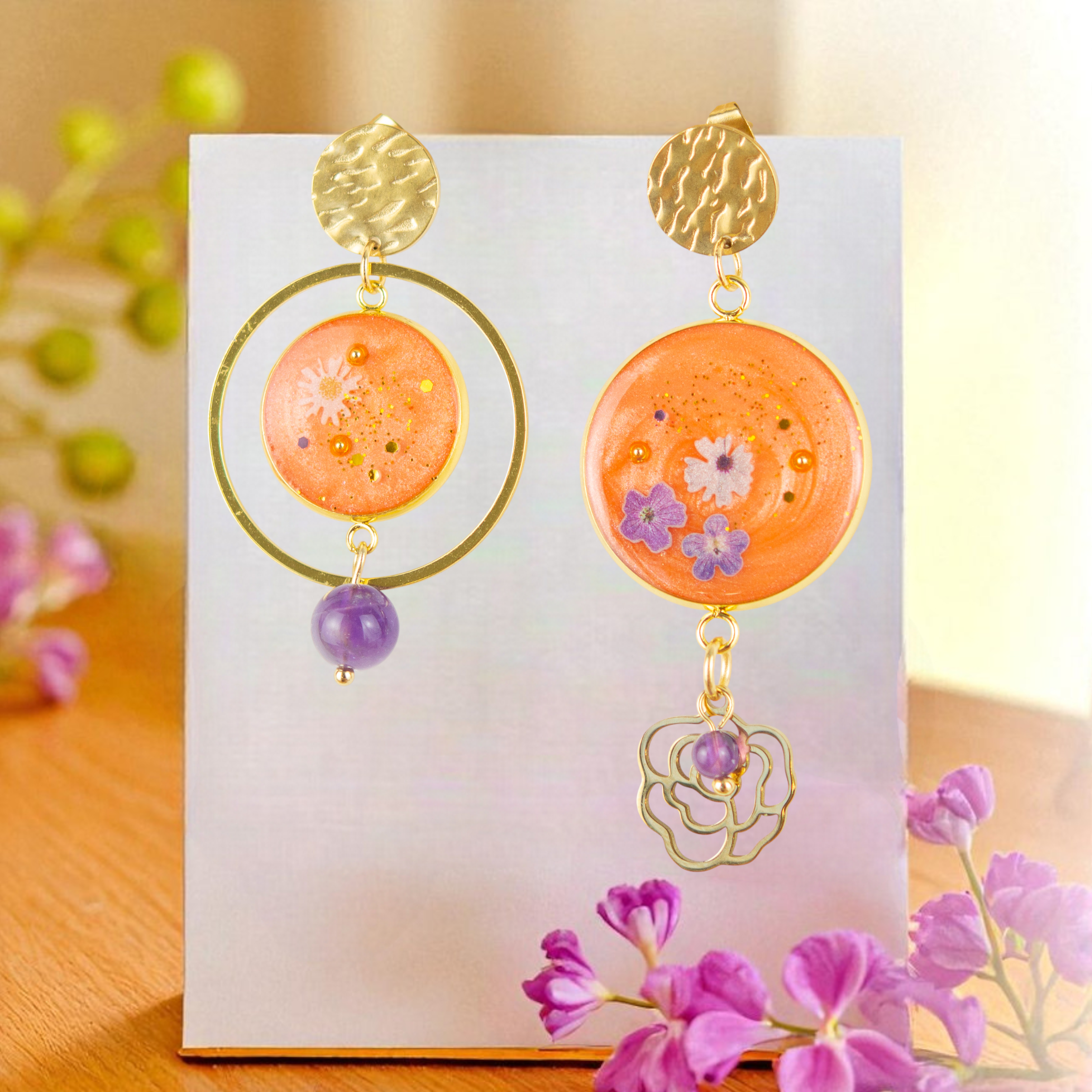 Boucles d’oreilles asymétriques artisanales en améthyste