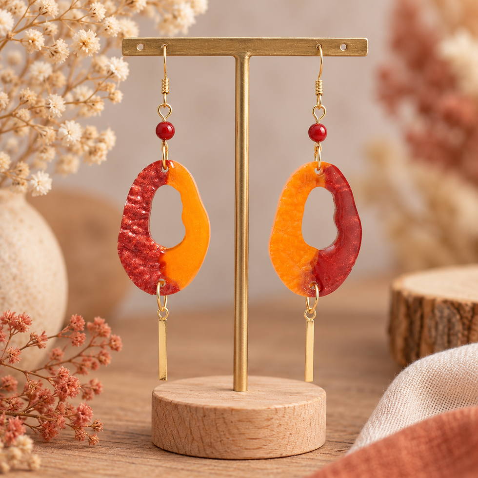 Miniature : Boucles d’oreilles cornaline et résine orange et rouge