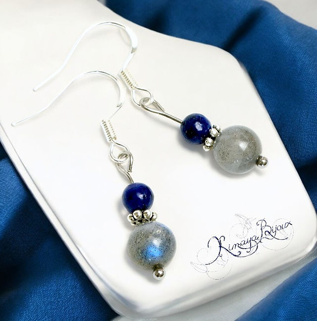Boucles d'oreilles en Labradorite A et lapis lazuli Crochets Argent 925