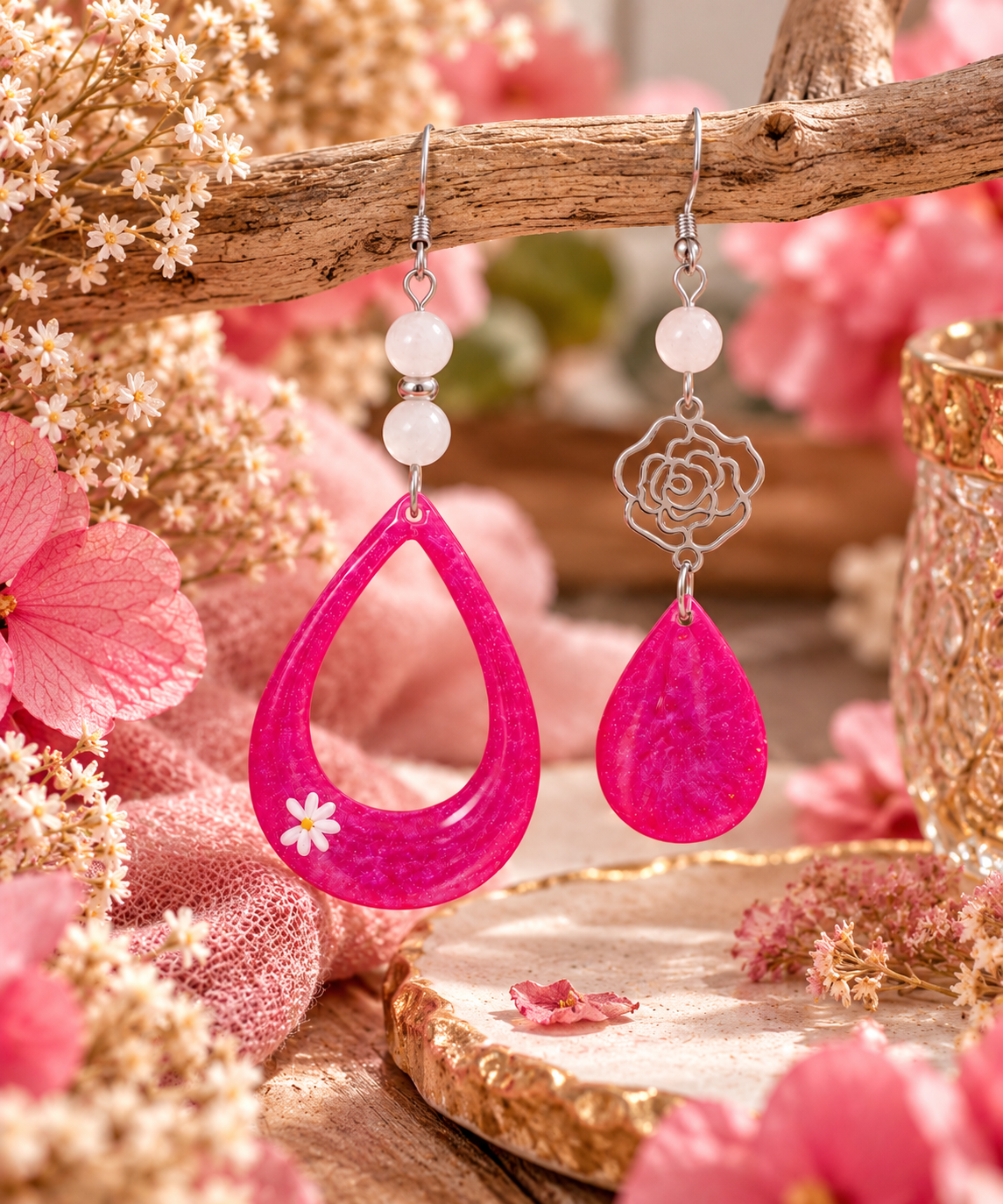 Boucles d'oreilles asymétriques rose fuchsia et quartz rose