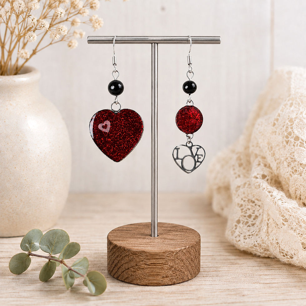 Boucles d’oreilles asymétriques cœur rouge pailleté et onyx