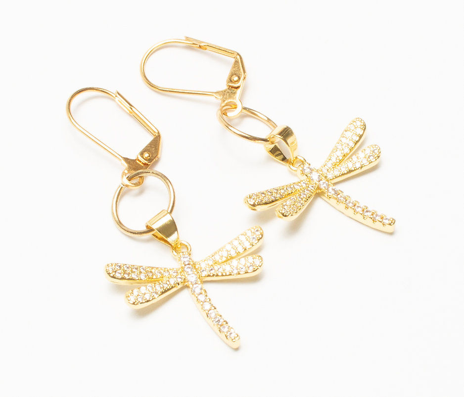 Miniature : Boucles d'oreilles libellules zircons Dormeuses plaqué or