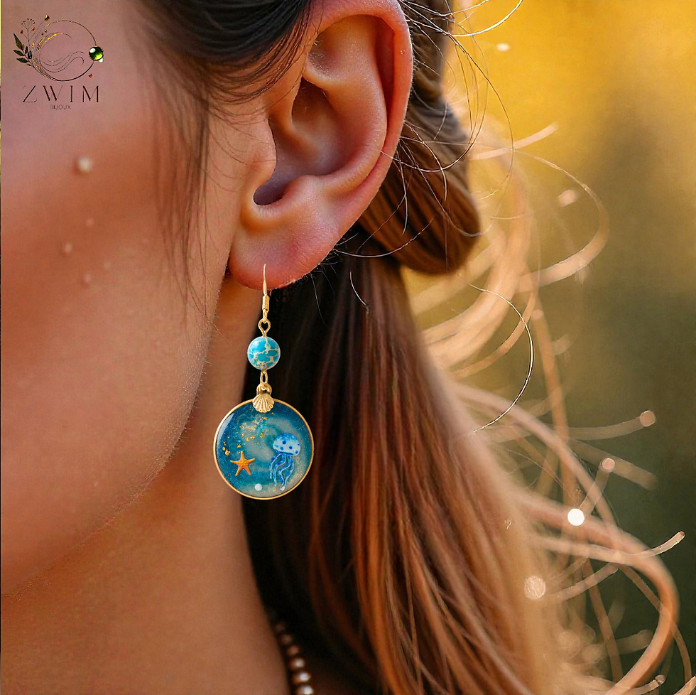 Miniature : Boucles d’oreilles asymétriques jaspe océan naturel et nacre