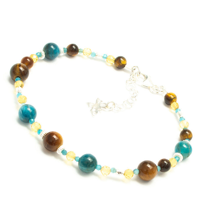 Miniature : Bracelet artisanal  en Apatite, Citrine et Oeil de tigre, Argent 925