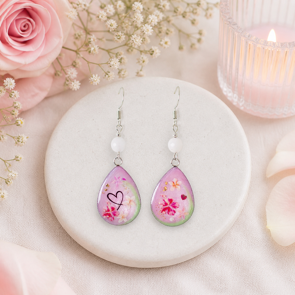 Boucles d’oreilles résine rose et vert pastel et quartz rose facetté