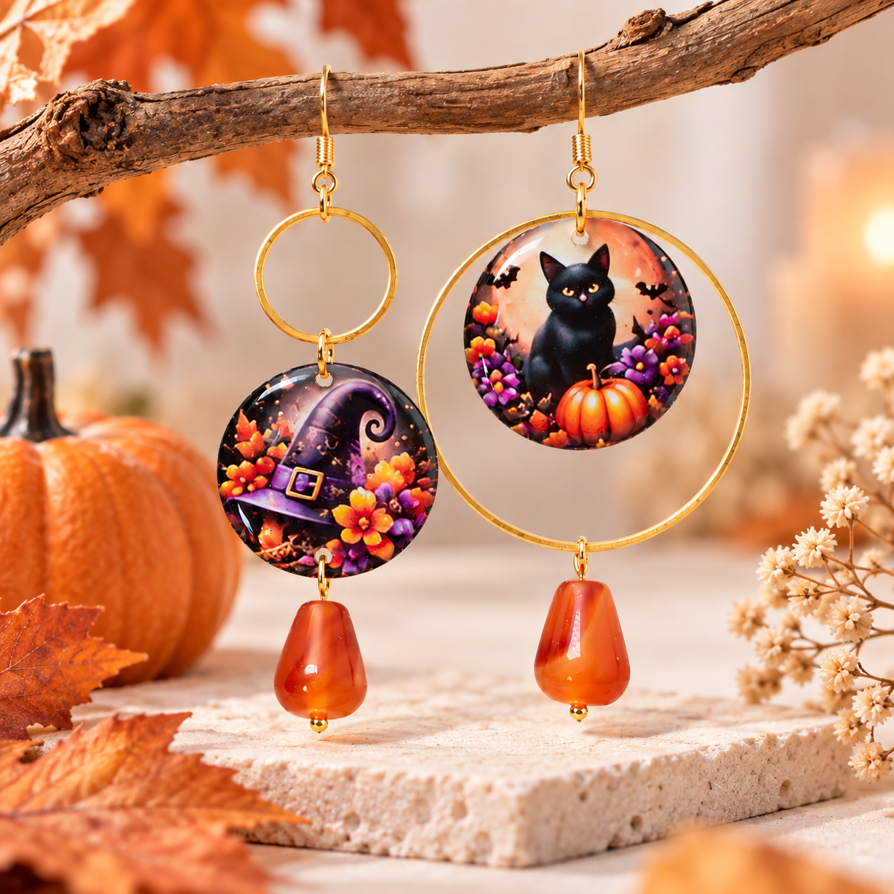 Boucles d’oreilles asymétriques Halloween en cornaline et résine