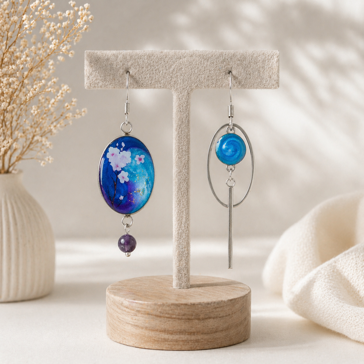 boucles-doreilles-asymétriques-améthyste-résine-bleu-violet-florale