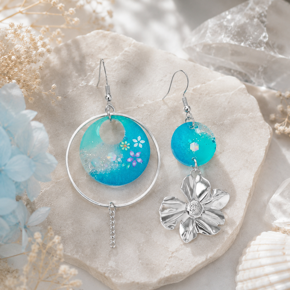 Boucles d'oreilles artisanales asymétriques bleu et fleurs