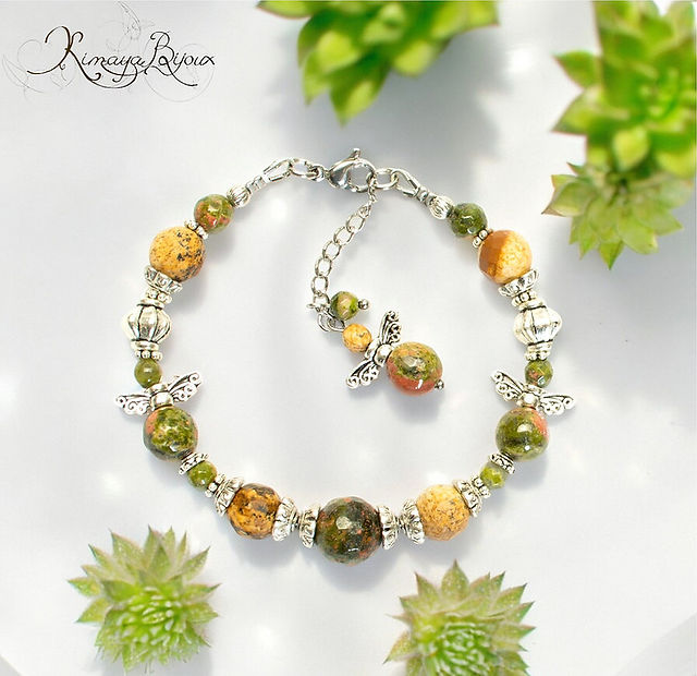 Bracelet femme artisanal féerique unakite et jaspe paysage