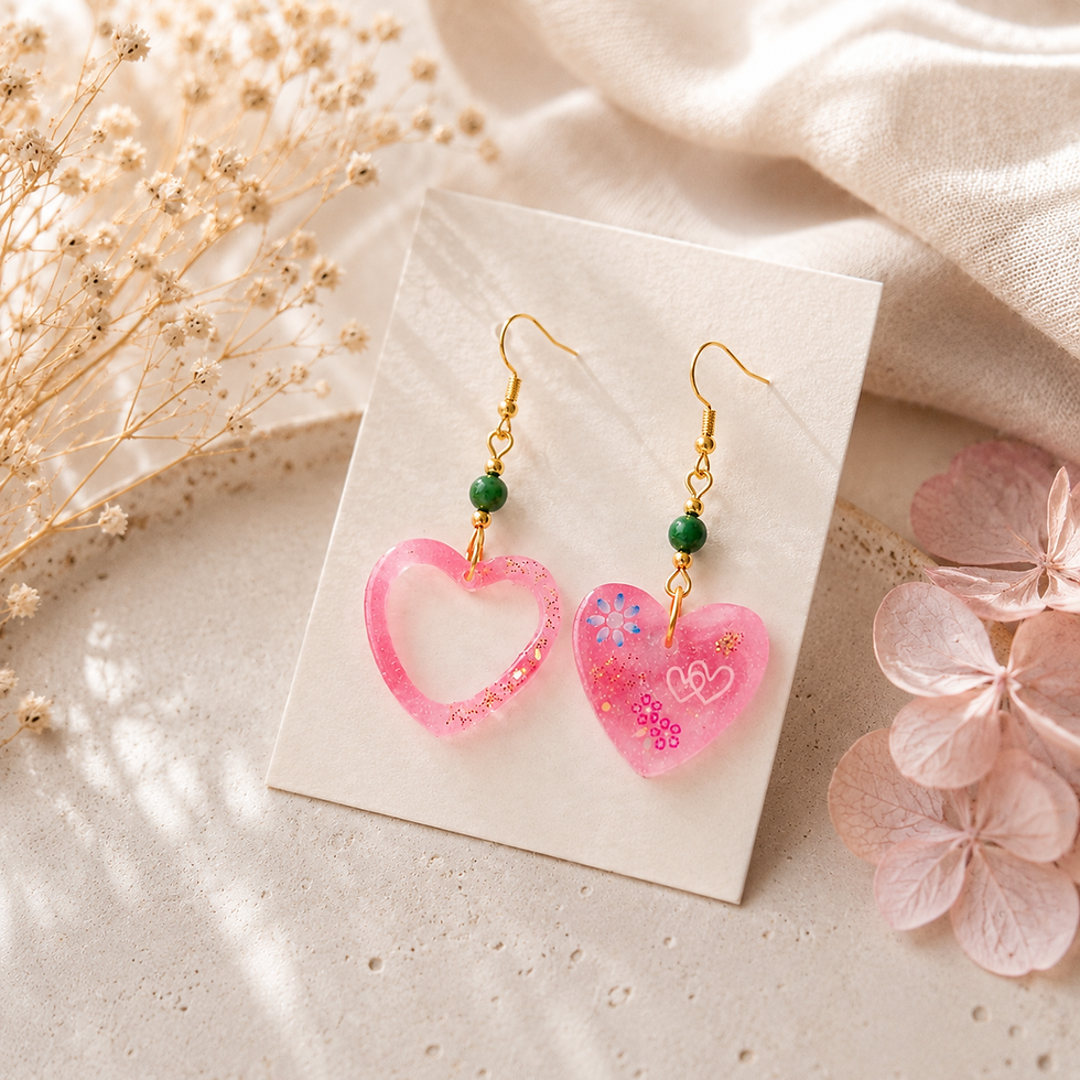 Miniature : Boucles d’oreilles asymétriques jade vert d’Afrique et résine translucide rose