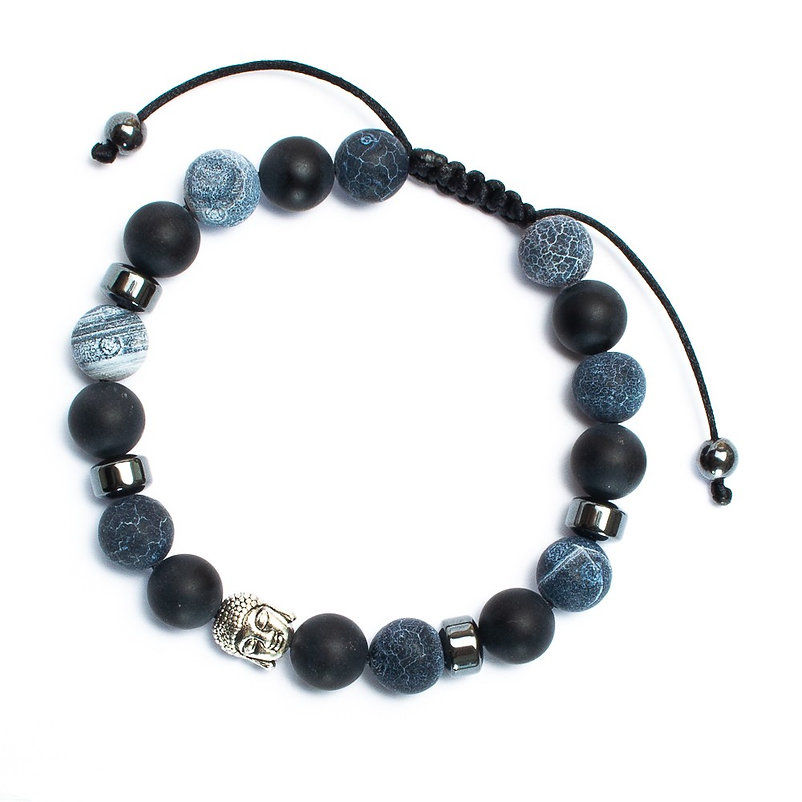 Miniature : Bracelet homme artisanal bouddha, agate noire et hématite chance