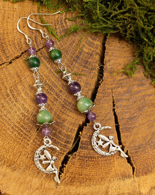 Miniature : Boucles d'oreilles artisanales Améthystes ,Jade naturel crochets argent 925