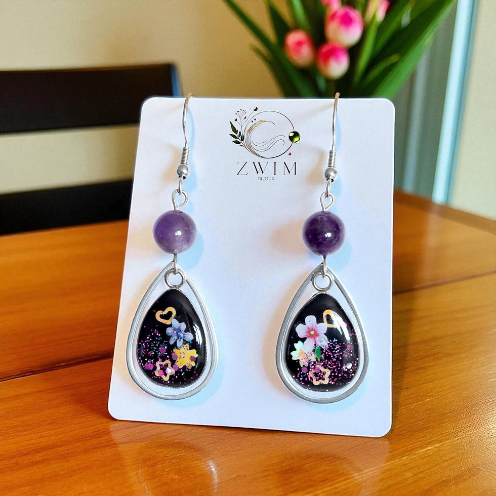 Boucles d'oreilles artisanales asymétriques en améthyste