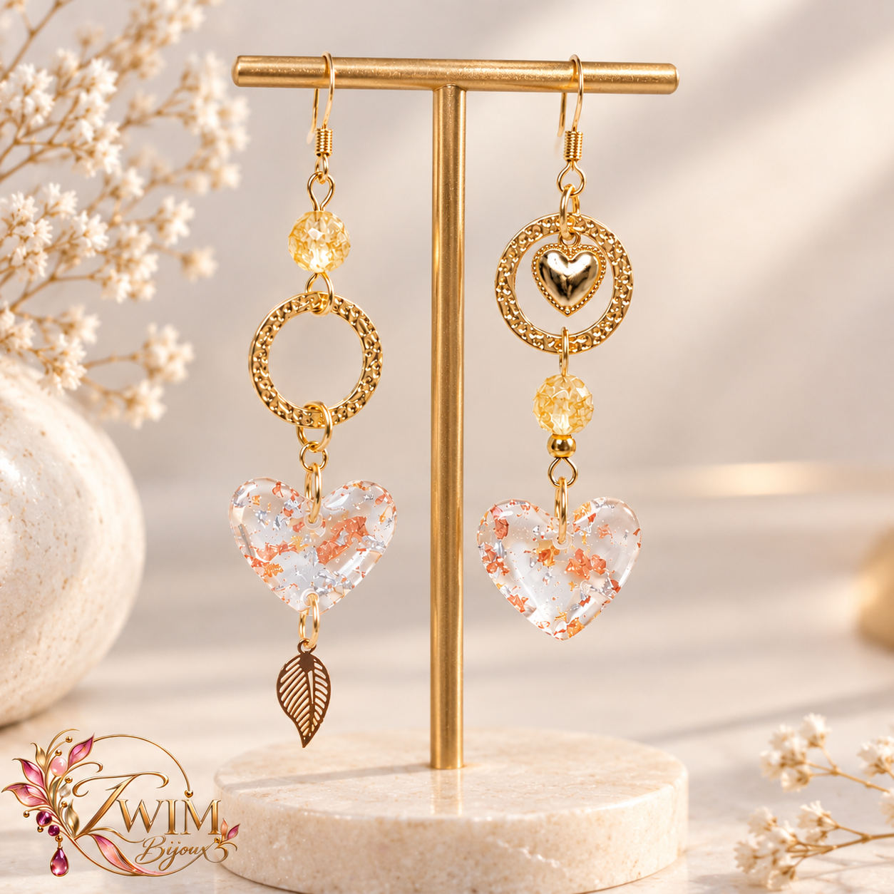Boucles d’oreilles asymétriques citrine et cœur
