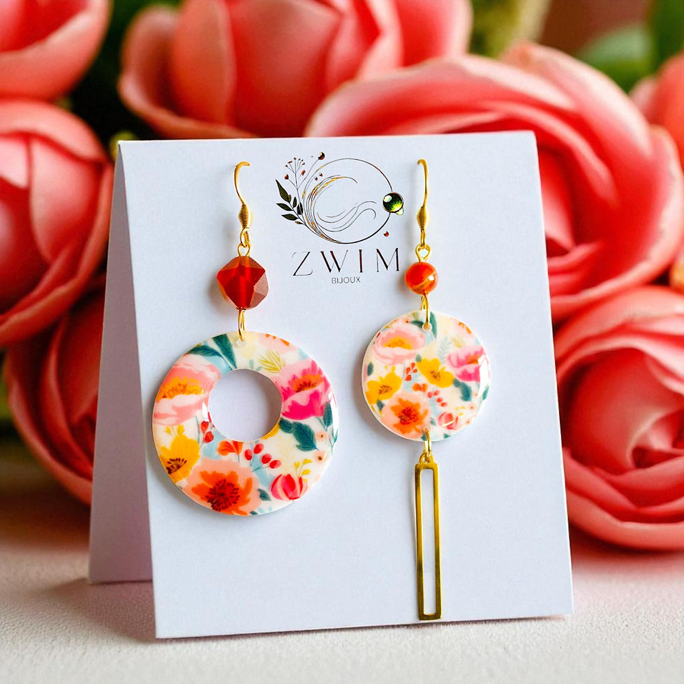 Boucles d’oreilles artisanales asymétriques florales en cornaline