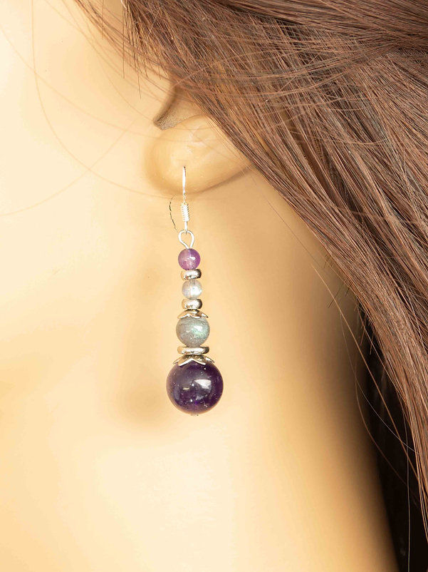 Miniature : Boucles d'oreilles Améthyste et Labradorite, Crochets argent 925