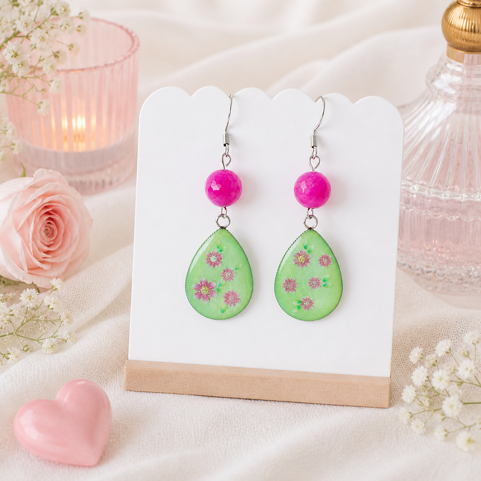 Miniature : Boucles d’oreilles résine verte nacrée et agate rose facettée