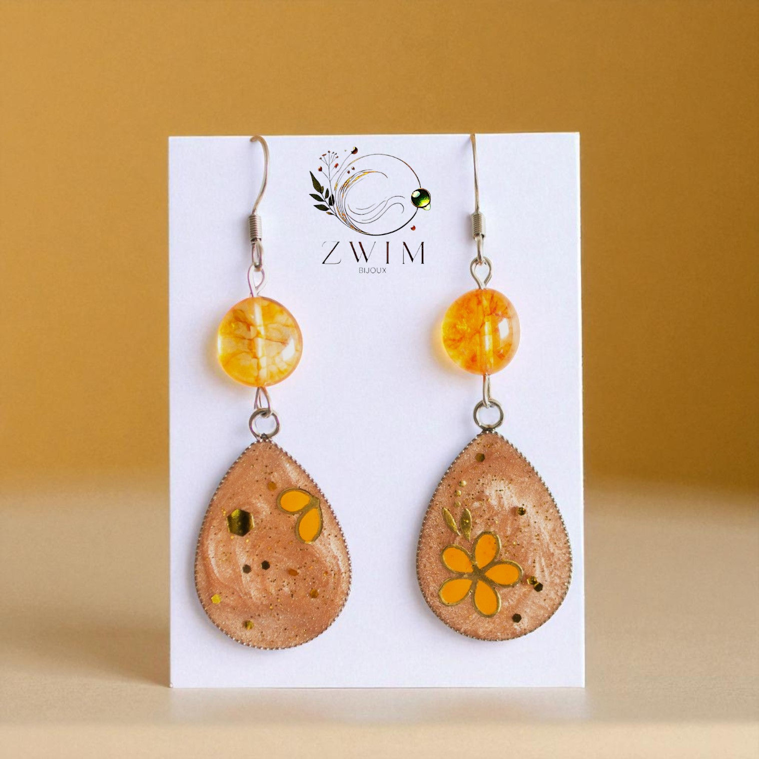 Boucles d'oreilles artisanales agate veinée et pendentifs gouttes orangés