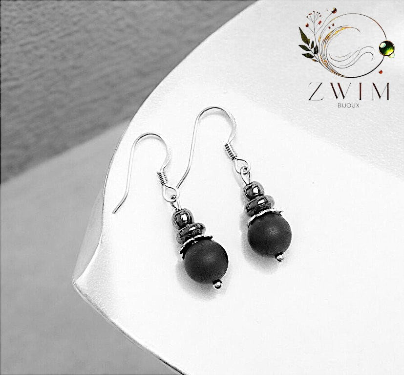 Miniature : Boucles d'oreilles artisanales Agate noire mate Hématite Crochets argent 925