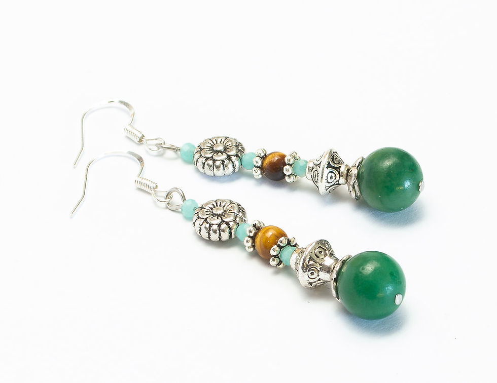 Miniature : Boucles d'oreilles Jade vert , Amazonite, Oeil de Tigre, Crochets argent 925