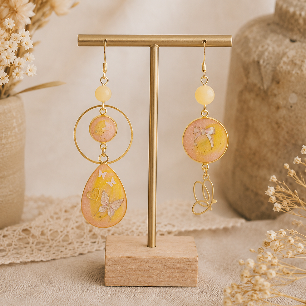Boucles d’oreilles asymétriques en calcite jaune et papillon