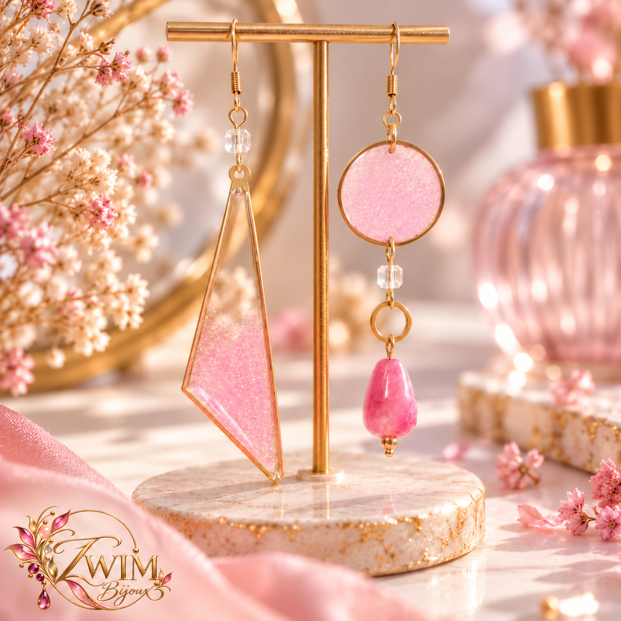 Boucles d’oreilles asymétriques agate rose et résine holographique