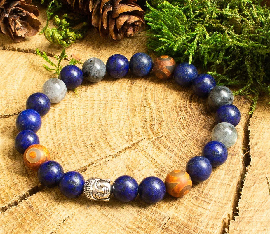 Miniature : Bracelet homme  Larvikite, Lapis lazuli agate DZI et labradorite protection