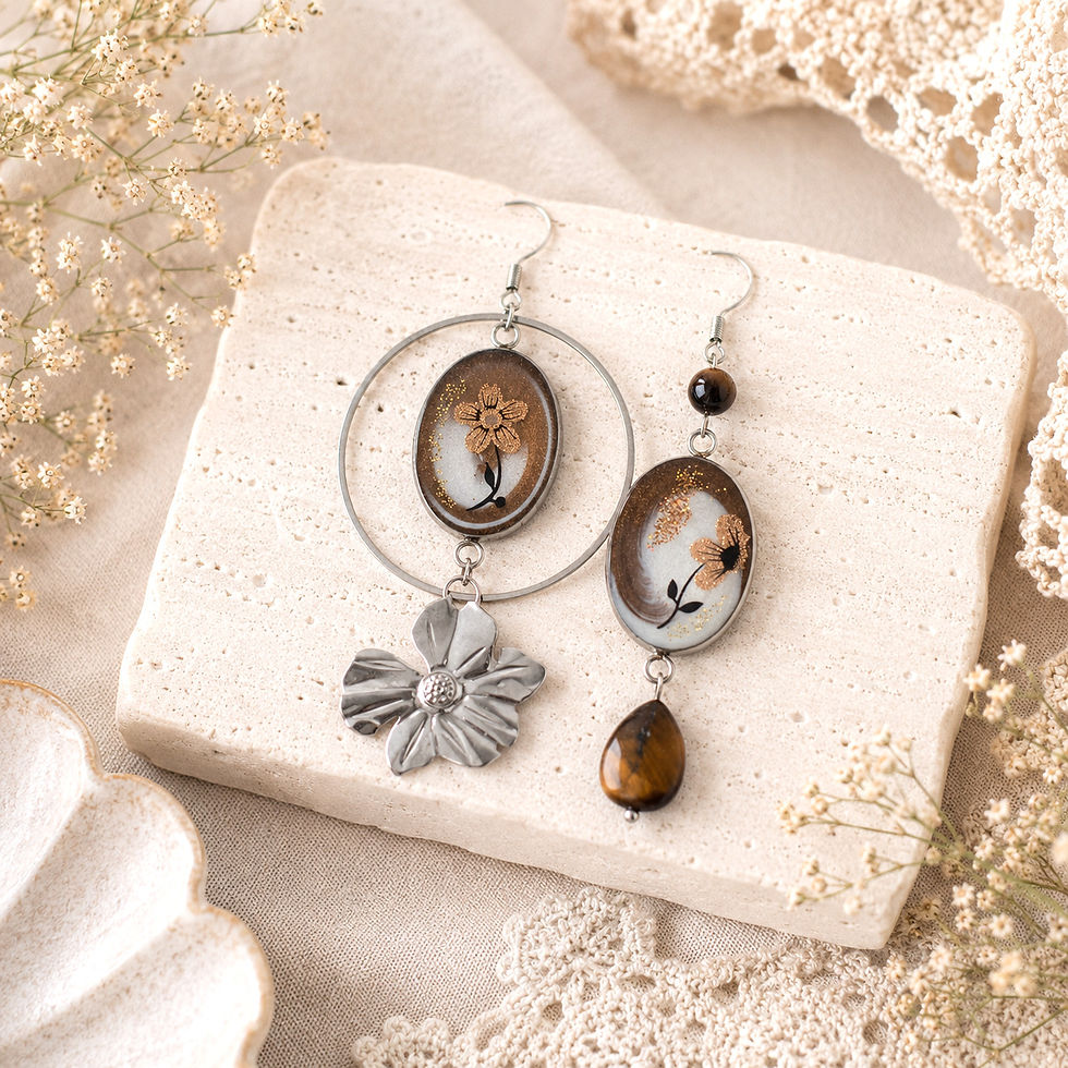 Boucles d'oreilles artisanales Œil de tigre et Résine florale