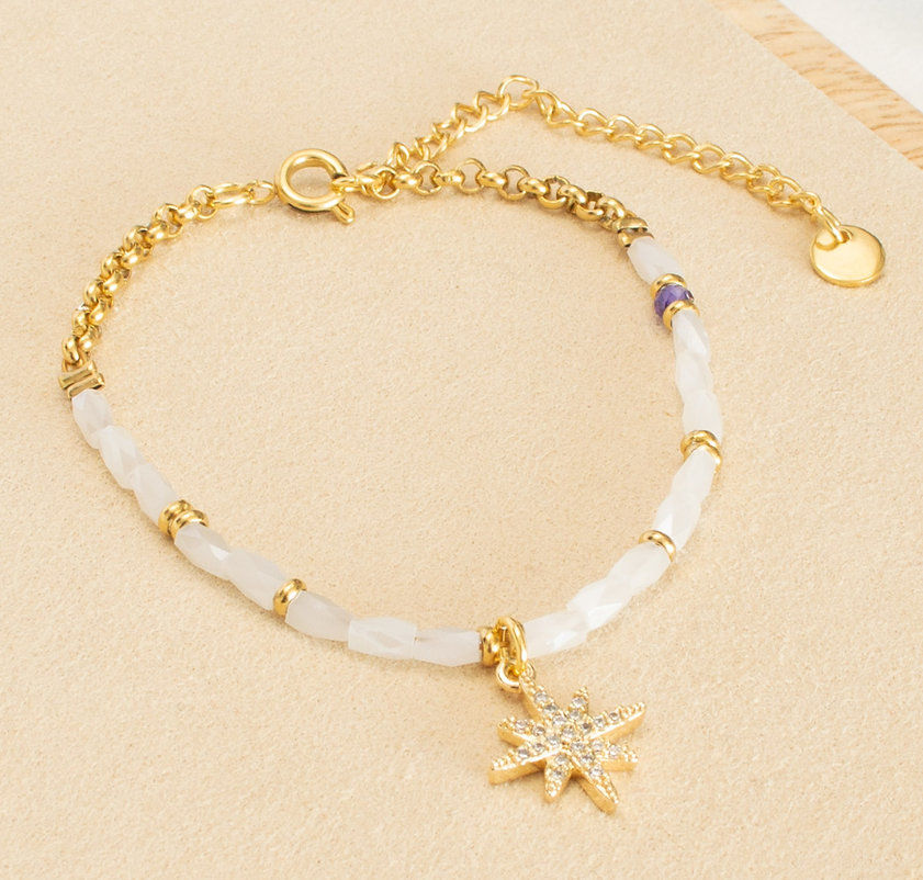 Miniature : Bracelet tendance perles blanches facettées, métal doré