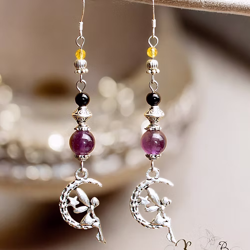 Boucles d'oreilles féeriques artisanales améthyste, citrine et agate