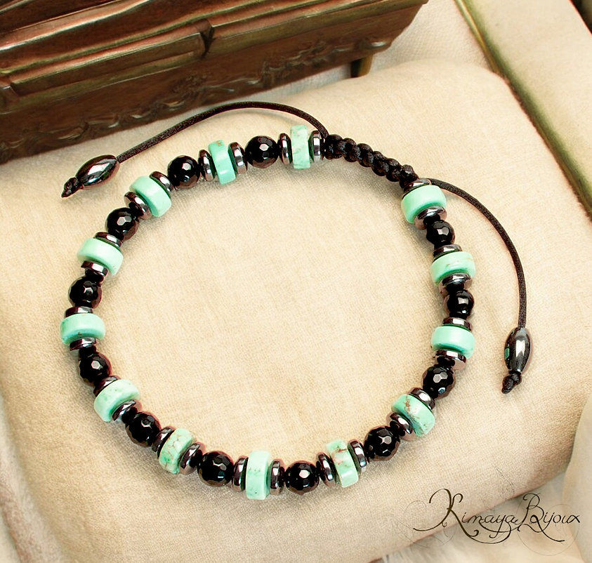 Miniature : Bracelet homme artisanal en Howlite turquoise Agate noire et Hématite