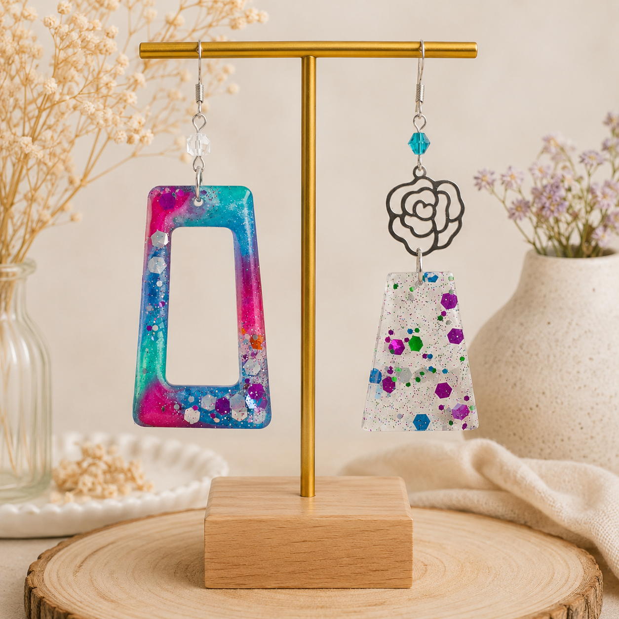 Boucles d'oreilles artisanales asymétriques en résine formes géométriques