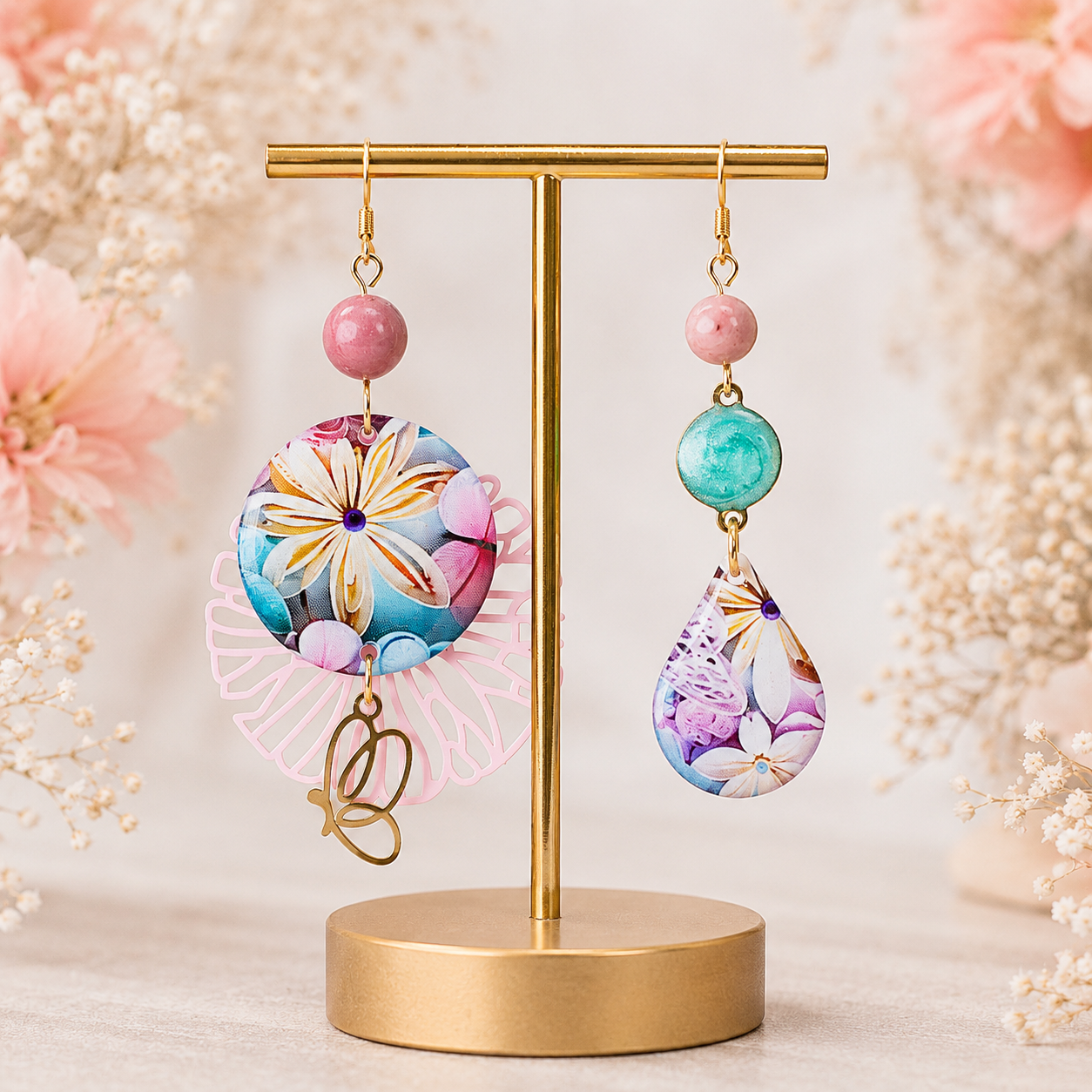 Boucles d'oreilles asymétriques Rhodochrosite et Jardin de papier