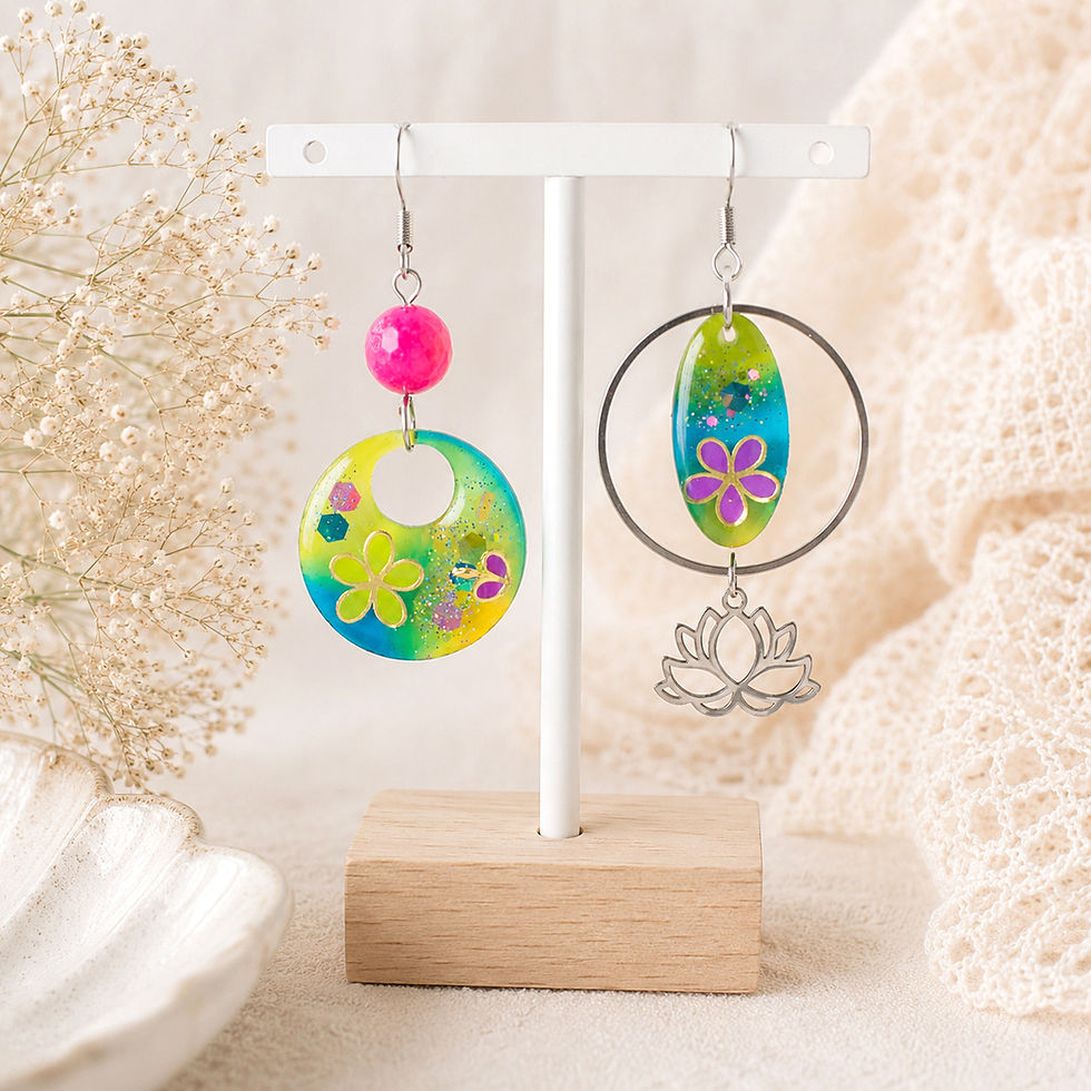 Boucles d'oreilles artisanales Agate veinée rose et Résine colorée