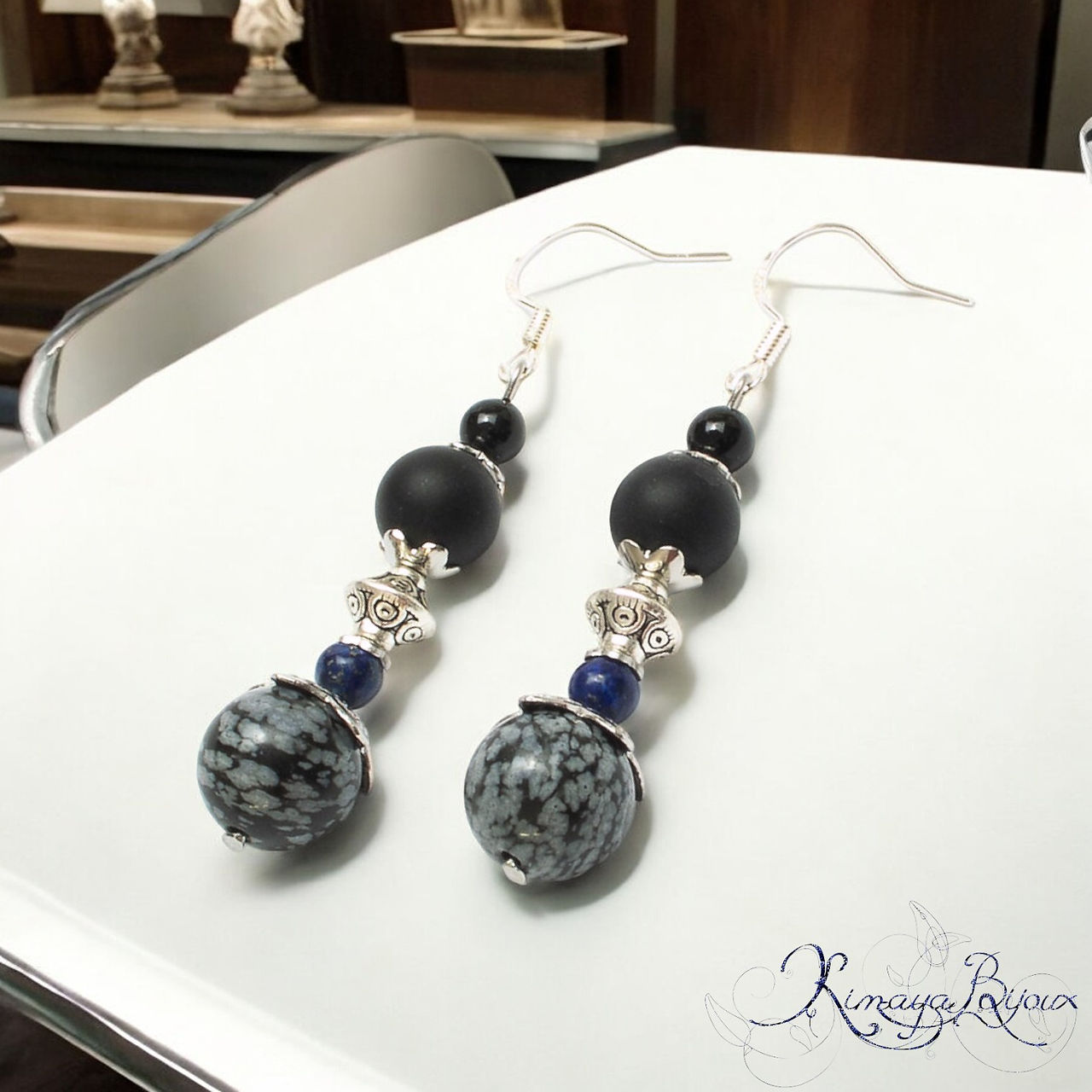 Boucles d'oreilles obsidienne lapis lazuli agate Crochets argent 925